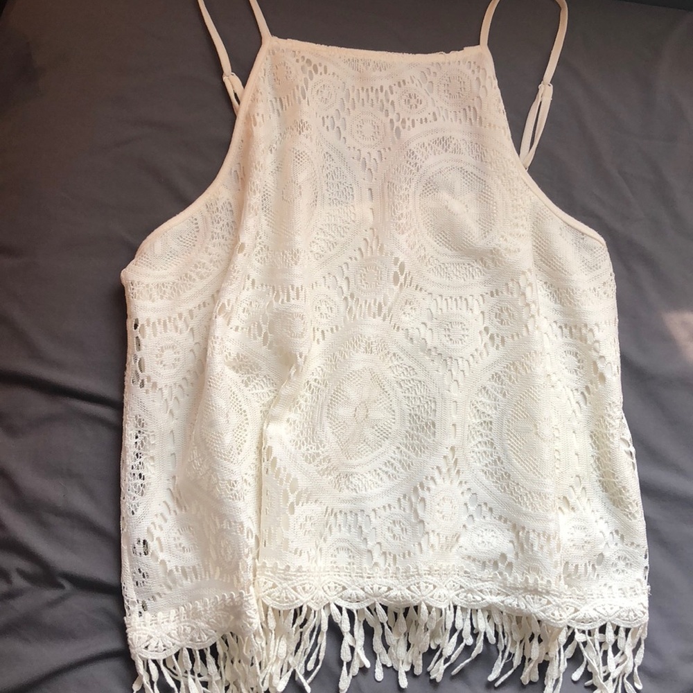 Xhileration Lace & Fringe Tank Top